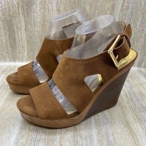 Michael Kors Taylor Suede Wedge Buckle Up Block Heel Strappy Sandals Brown 10M